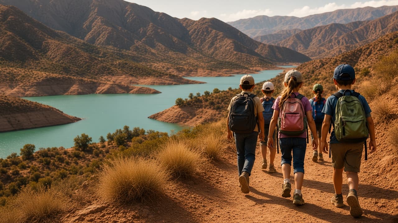 Chicos con mochila caminando por un sendero junto al dique de San Juan
